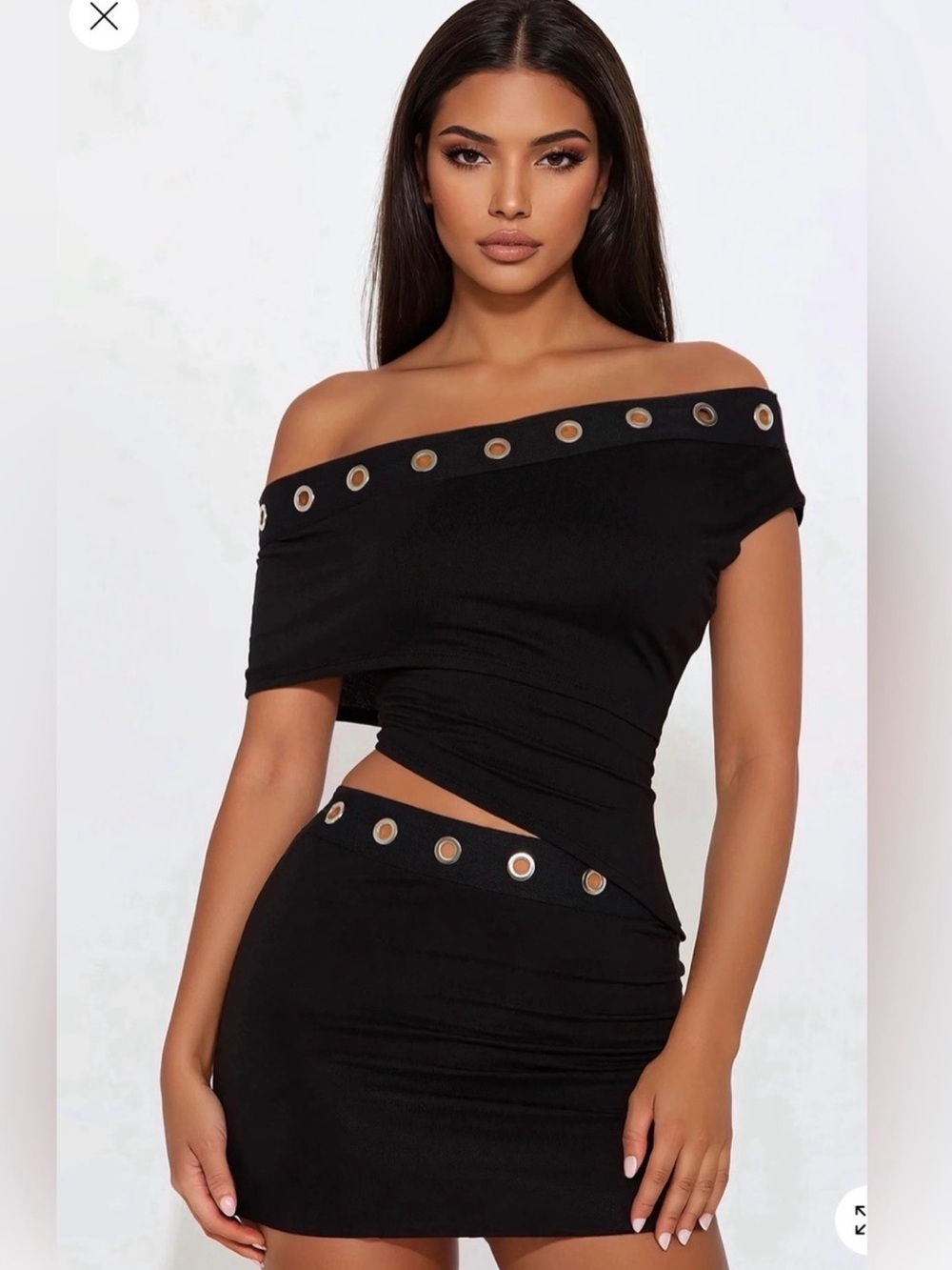 Fashion Nova Black Grommet-Accent Mini Skirt Set